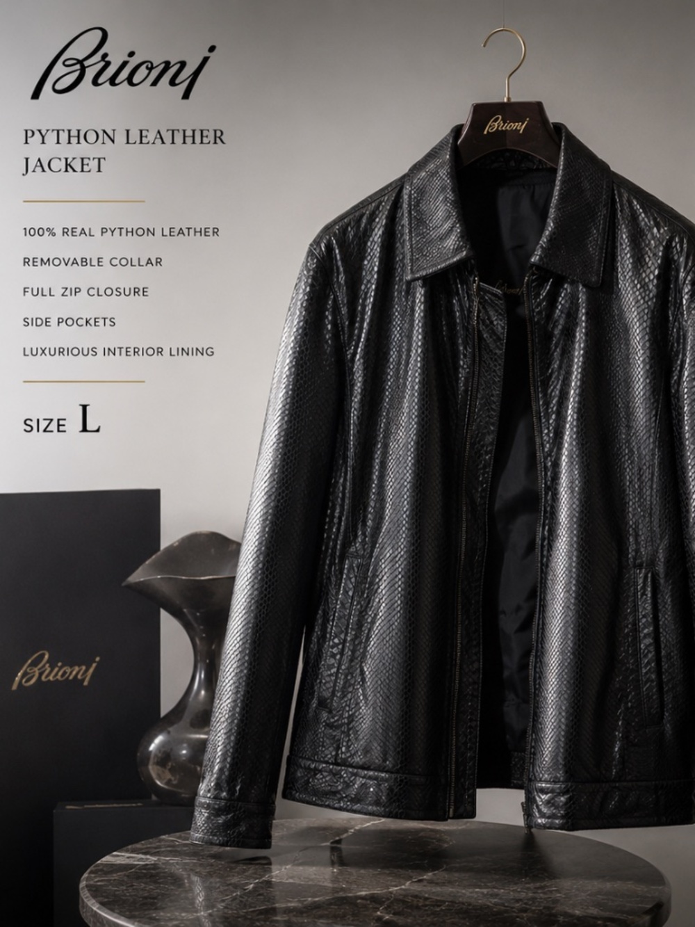 Rare Brioni Genuine Python Leather Jacket – Black – Size L – Removable Collar